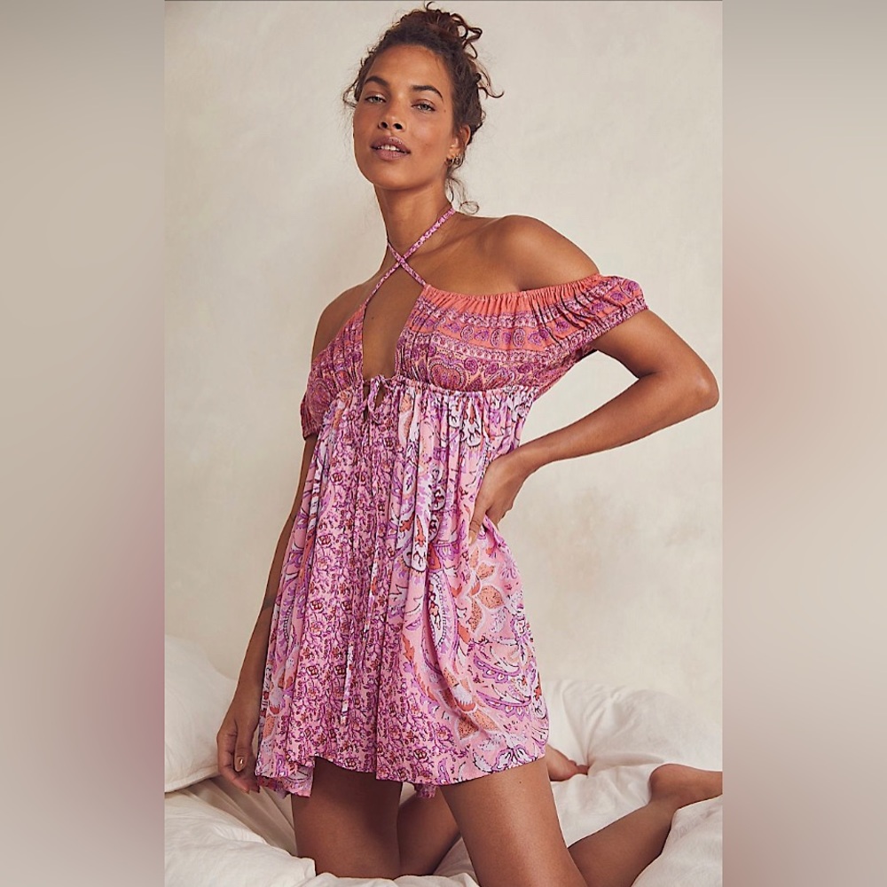 Free People Intimately FP Bali Mariposa Mini Slip Dress Tunic Boho Pink/Orange S
